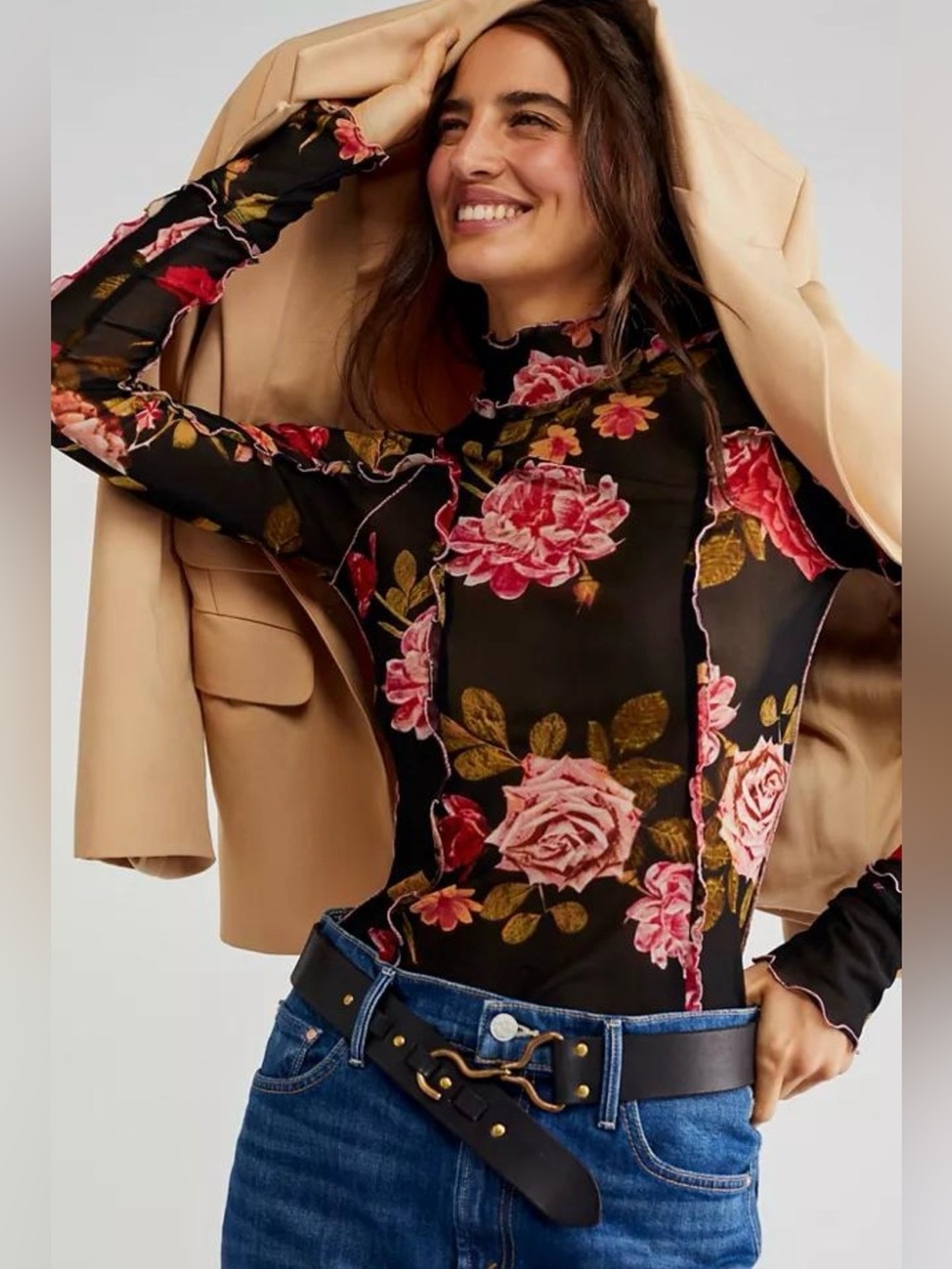 Free People Charlie Floral Printed Mesh Top, Size Small